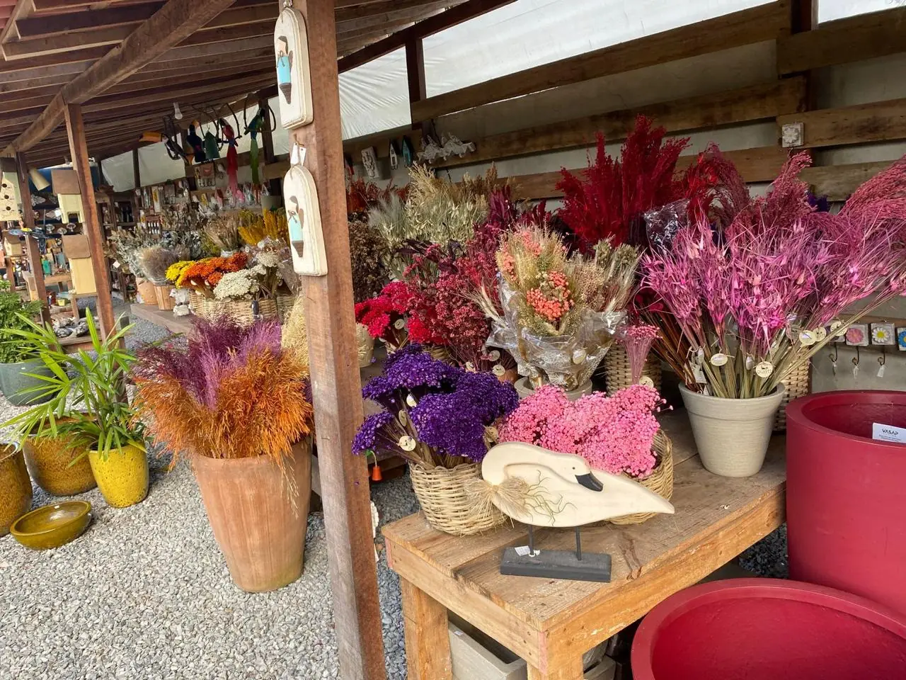 Balcão de flores secas e desidratadas coloridas em cestos, na loja da Quati