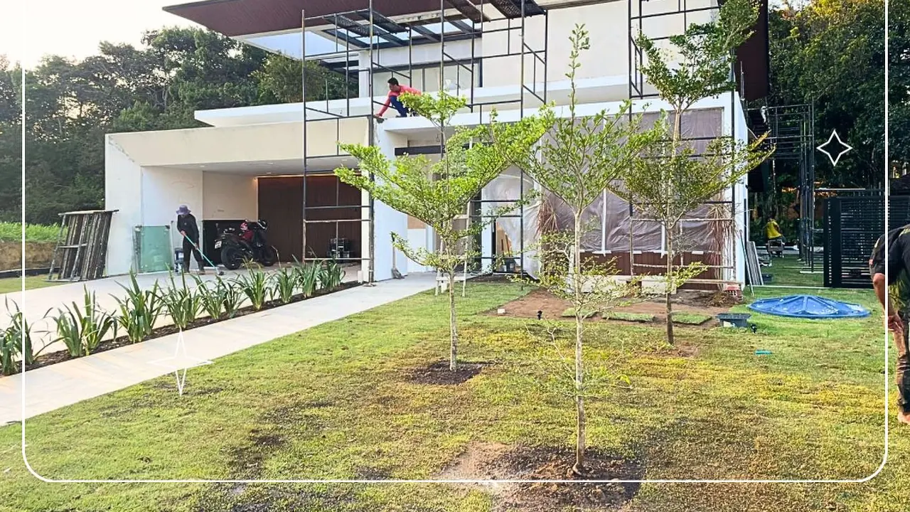 Jardim executado pela Quati, com grama formada e árvores