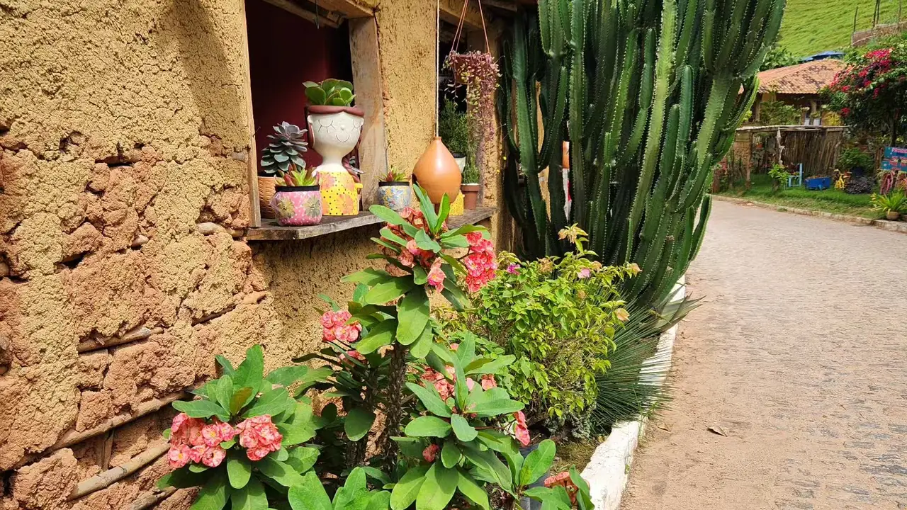 Caminho do viveiro da Quati, com cactos e a construção rústica ao fundo
